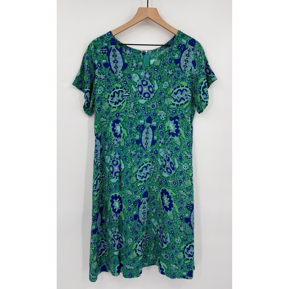 Rainbow Jo Dress Womens Large Green Blue Sea Turtle Hawaiian Beach Shift Aloha